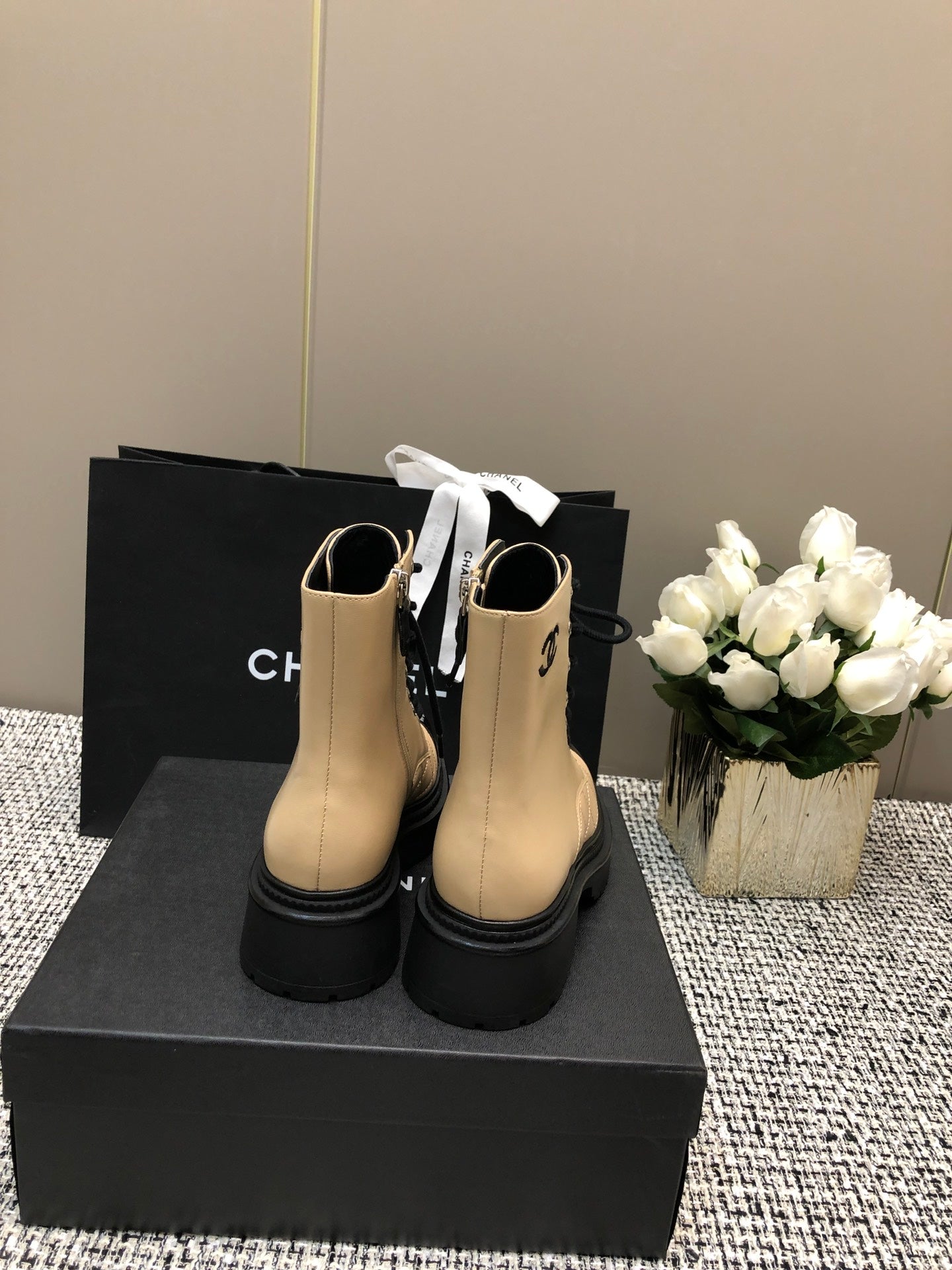 CHANEL SHORT BOOTS  BEIGE CREAM MIX BLACK SUEDE LAMBSKIN