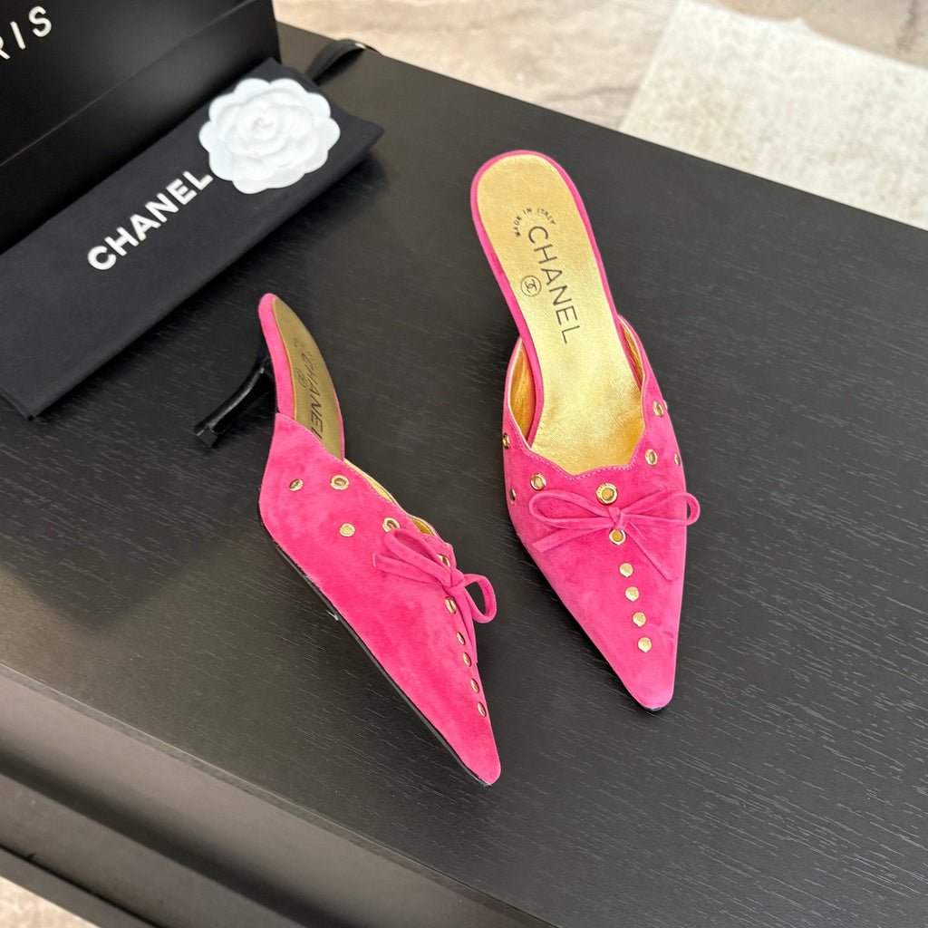 CHANEL HIGH HEEL MULE 65 MM IN DEEP PINK SUEDE
