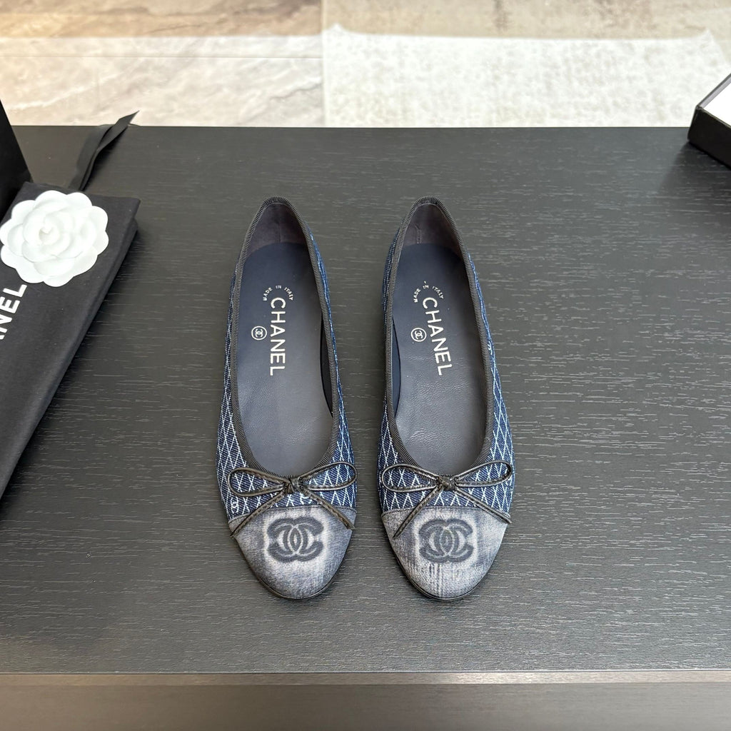 CHANEL BALLET FLATS IN AEGEAN BLUE MONOGRAM DENIM