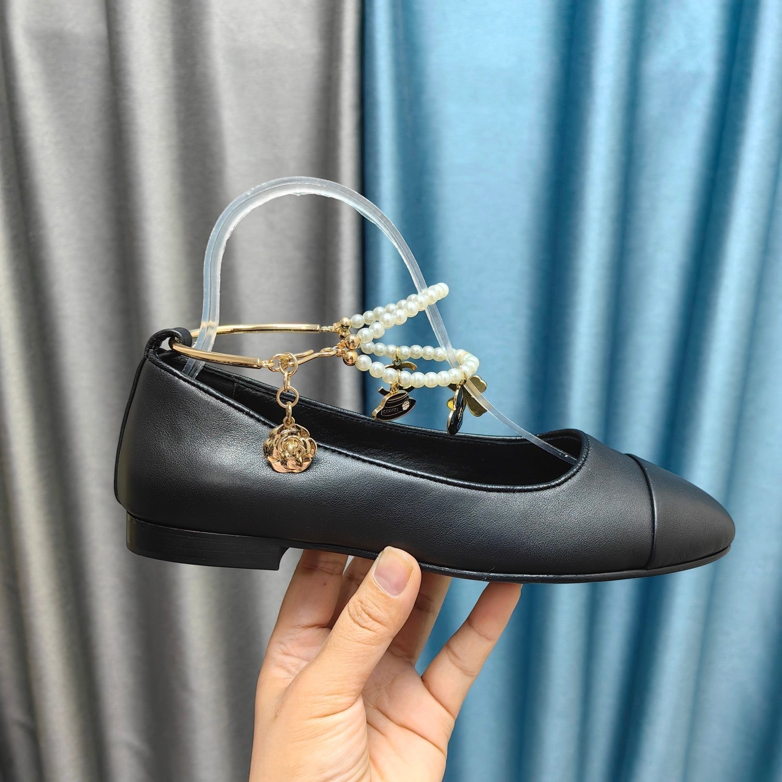 CHANEL MARY JANE WITH PEARL STRAP IN BLACK LAMBSKIN