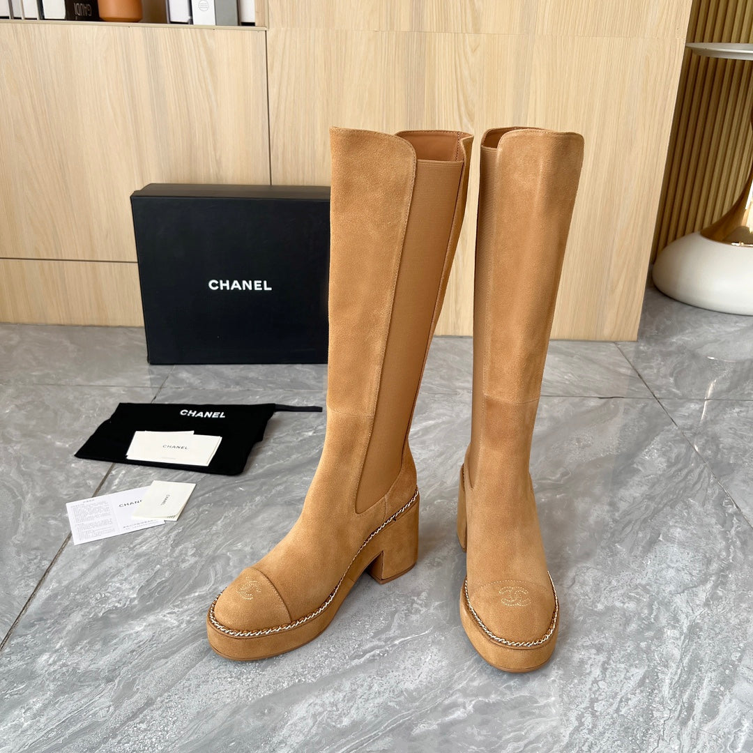 CHANEL 25S HIGH BOOTS STRETCHY SHAFT 85MM IN CARAMEL SUEDE GOLD HARDWARE