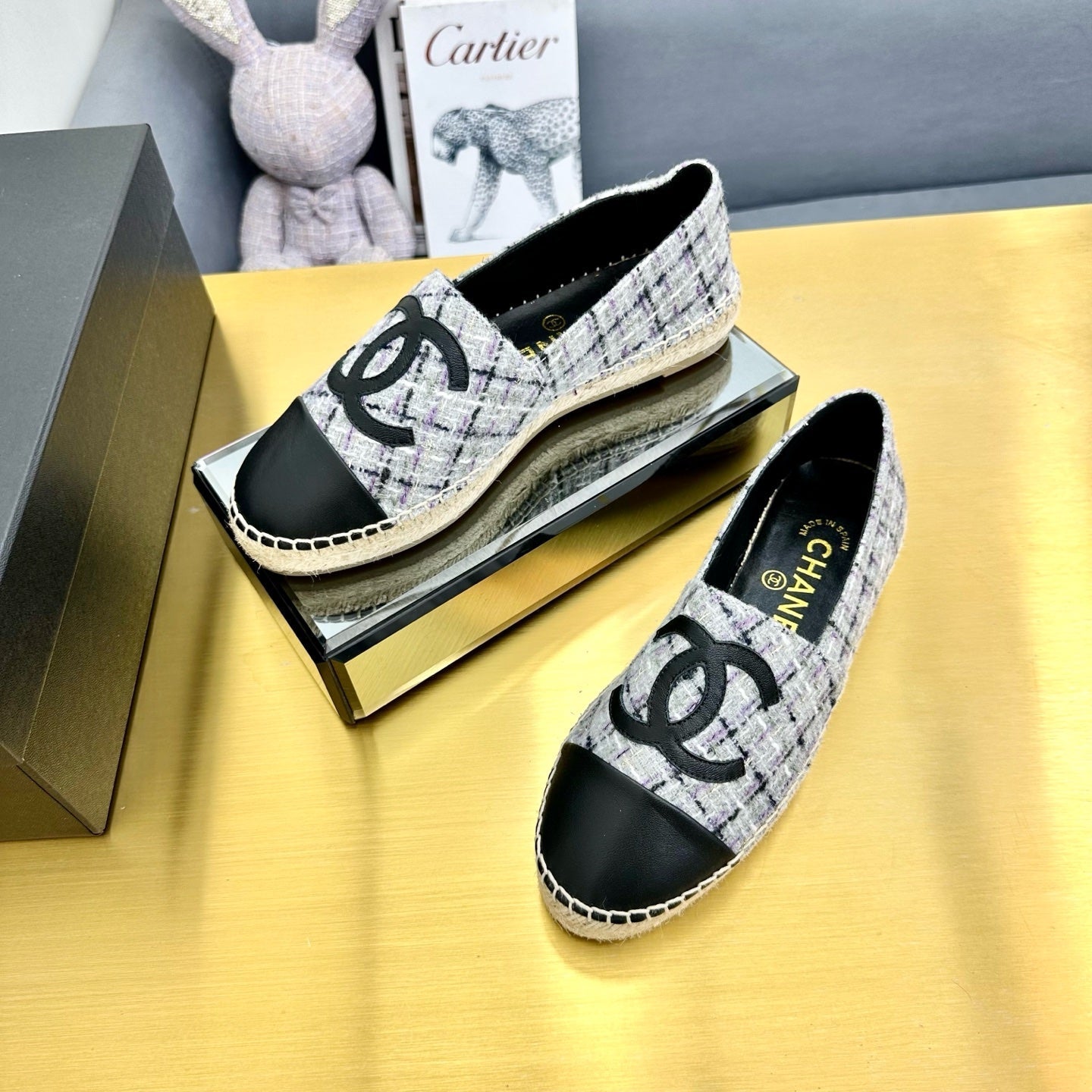 CHANEL ESPADRILLES PLATFORM 25S MIX COLOR TWEED AND BLACK CALFSKIN